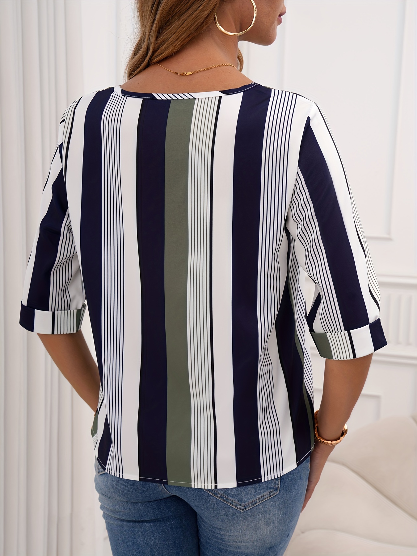 color block striped blouse casual crew neck half sleeve blouse womens clothing details 6