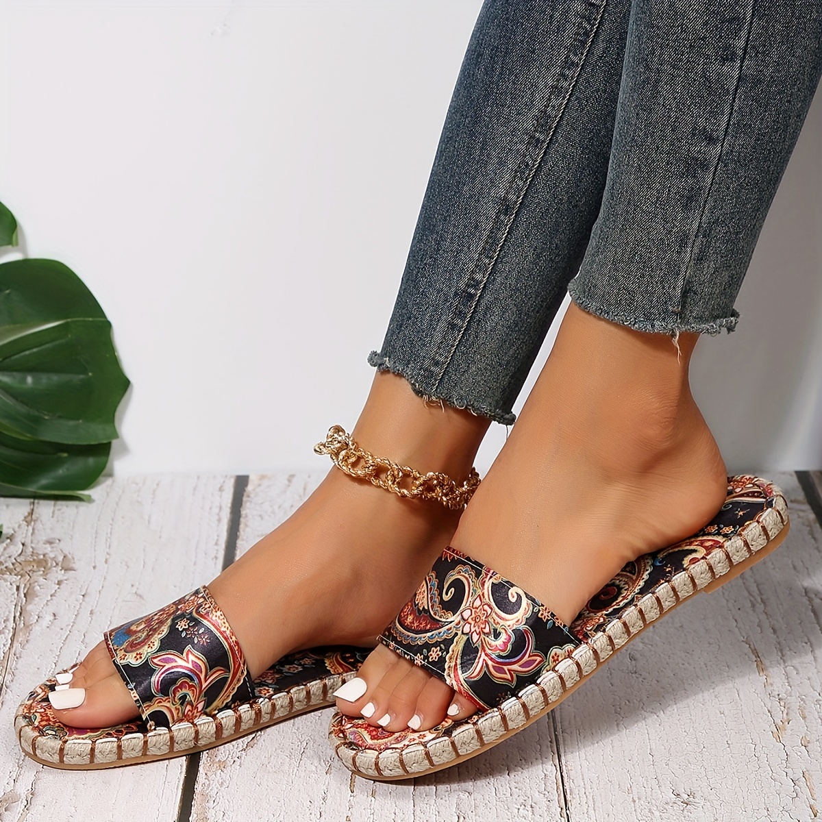 womens trendy ethnic pattern slippers casual open toe non slip linen slide sandals comfortable beach shoes details 0